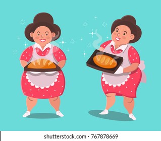 Chubby woman made bread. Cute character in flat style. Vector illustration.