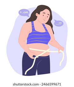 Chubby Woman Measuring Her Waist with a Measuring Tape for Healthcare Concept Illustration