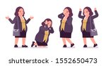 Chubby woman in negative emotion. Overweight middle aged lady, kind civil service worker. Curvy, voluptuous body type, big women fashion, plus size formal wear. Vector flat style cartoon illustration