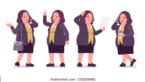 Mujer de Chubby en trabajo de negocios. Mujer de mediana edad con sobrepeso, amable trabajadora de la administración pública. Curva, voluptuoso tipo de cuerpo, moda femenina grande, además de tamaño de ropa formal. Dibujo de dibujos animados de estilo plano vectorial