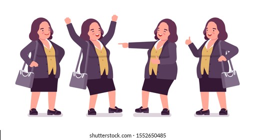 Chubby woman in positive emotion. Overweight middle aged lady, kind civil service worker. Curvy, voluptuous body type, big women fashion, plus size formal wear. Vector flat style cartoon illustration