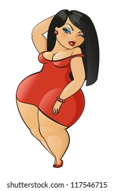 Chubby woman in red dress - vector