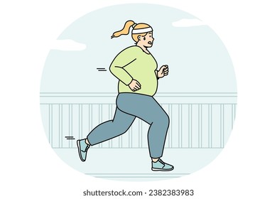 Chubby woman running at street to be fit. Fat girl makes cardio workout outdoor to burn calories. Plump lady jogging in city, taking part in marathon. Weight loss. Vector linear colored illustration.