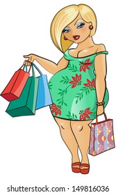 Chubby Woman With Shopping Bags - Vector