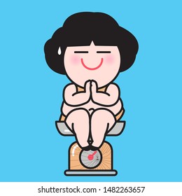 Chubby Woman Sitting In Prayer Position While Mediating And Keeping Calm On Broken Weighting Scale Concept Card Character illustration