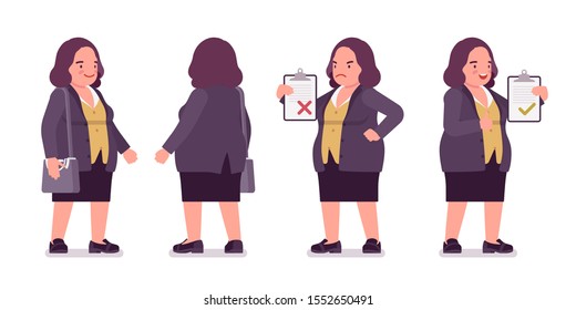 Chubby woman standing. Overweight fat shape. Middle aged lady, kind civil service worker. Curvy, voluptuous body type, big women fashion, plus size formal wear. Vector flat style cartoon illustration