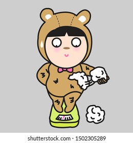 Chubby Woman, Turn Fluffy Bear Plush Toy Or Doll, Pulling Off Soft Cotton Stuffing Material To Get Thinner Concept Card Character illustration