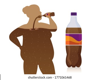 Chubby-Frauen trinken Erfrischungsgetränke aus Flaschen, die mit kohlensäurehaltigem Getränk in den Körper fließen. Concept Illustration über einen ungesunden Lebensstil mit künstlichen Süßstoffen aus fadenfarbigen Getränken.