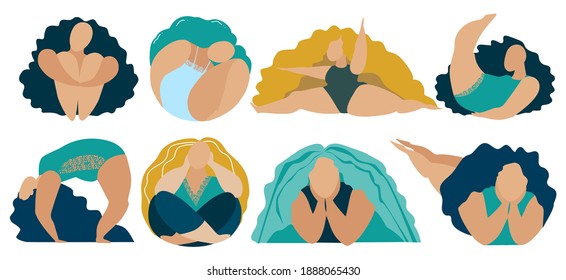 Chubby women set with different bodies poses. Body positive. Sport.  Plump girl or curvy woman model. Plus size overweight female. Sketch vector illustration.
