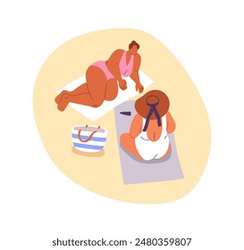 Chubby women in swimwear on summer beach. Female friends with fat chunky bodies, relaxing and sunbathing on vacation. Recreation time on holiday. Flat vector illustration isolated on white background