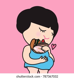 Chubby Young Woman Keeping Food She Loves In Her Dress Concept Card Character illustration