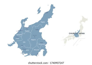 chubu map. japan map series. vector map of japan provinces.