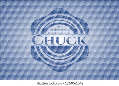 Chuck blue badge with geometric background.