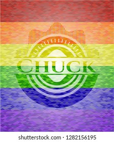 Chuck emblem on mosaic background with the colors of the LGBT flag