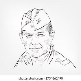 Chuck Yeager Charles Elwood Famous American Air Force Officer, Flying Ace Vector Sketch Portrait