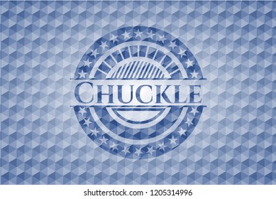 Chuckle blue badge with geometric pattern background.