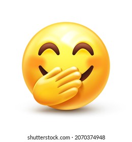 Chuckle Emoji. Emoticon cover mouth with hand while laughing, smile with flushed face 3D stylized vector icon