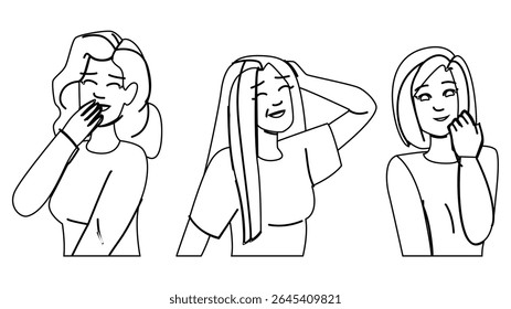 chuckle woman laughing vector. humor amusement, delight cheer, mirth glee chuckle woman laughing character. people black line pencil drawing illustration