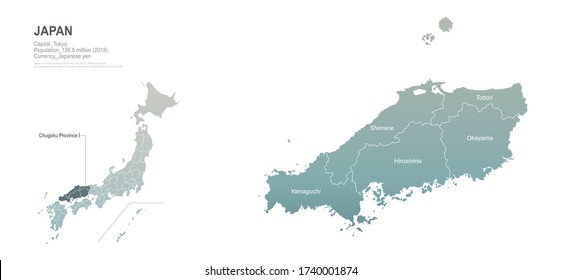 chugoku in japan map. vector map set of japan provinces. 