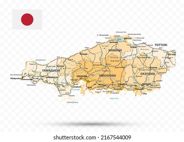 Chugoku Map. Map of Japan Prefecture. Vector illustration.