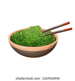 Chuka, wakame or kombu, vegan Japanese seaweed food vector illustration. Cartoon isolated chopsticks, bowl with green kelp salad and sesame, healthy organic vegetarian ingredient for Japan cuisine