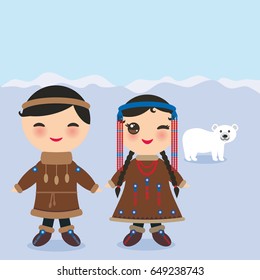 Chukcha Yakut Eskimos boy and girl in national costume and hat. Cartoon children in traditional alaska dress. Landscape Snow, ice, polar bear, sky. Vector