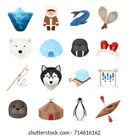 Chukchi cartoon set. Indigenous people, reindeer herding, sea mammal hunting culture. Vector flat style cartoon illustration isolated on white background
