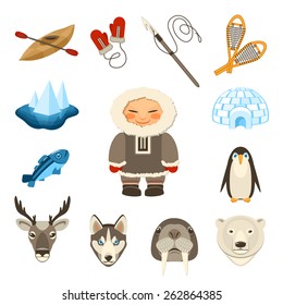 Chukchi and north animals decorative icons set with husky deer bear dog isolated vector illustration