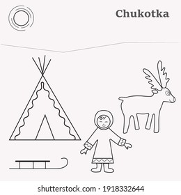 Chukotka. Peoples of the far north, chum, reindeer. Linear vector