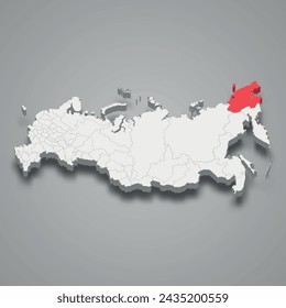 Chukotka region highlighted in red on a grey Russia 3d map