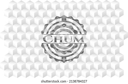 Chum grey badge with geometric cube white background. 