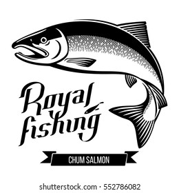 Chum Salmon fish. Black and white outline vector illustration