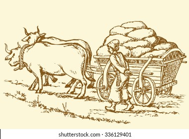 Chumak is historic occupation on Ukraine as merchants or traders, and big cartload laden with sacks of salt. Vector freehand ink drawn background sketch in art doodle antiquity style pen on paper