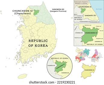 Chuncheon-si (Chuncheon City) location on Gangwon-do (Gangwon Province) and Republic of Korea (South Korea) map. Clored. Vectored