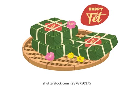 Chung cake vector set. Chung cake on flat winnowing basket with ochna and peach blossom. Vietnamese cuisine. Vietnamese traditional new year. Square sticky rice stuffed in green leaves. Banh chung.