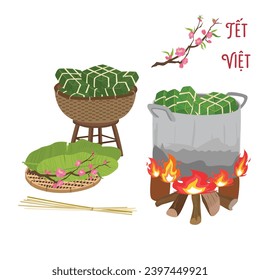 Chung cake vector set. Chung cake on bamboo basket. Vietnamese cuisine. Vietnamese traditional new year. Square sticky rice  cake is cooked in pot. Banh chung. Happy Tet holiday. Tet food.