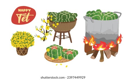 Chung cake vector set. Chung cake on bamboo basket. Vietnamese cuisine. Vietnamese traditional new year. Square sticky rice  cake is cooked in pot. Banh chung. Happy Tet holiday. Tet food.