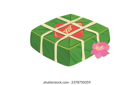 Chung cake vector set. Chung cake with peach blossom. Vietnamese cuisine. Vietnamese traditional new year. Square sticky rice stuffed in green leaves. Banh chung. Happy Tet holiday. Tet food.