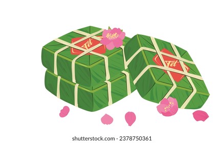 Chung cake vector set. Chung cake with peach blossom. Vietnamese cuisine. Vietnamese traditional new year. Square sticky rice stuffed in green leaves. Banh chung. Happy Tet holiday. Tet food.