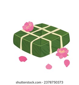 Chung cake vector set. Chung cake with peach blossom. Vietnamese cuisine. Vietnamese traditional new year. Square sticky rice stuffed in green leaves. Banh chung. Happy Tet holiday. Tet food.