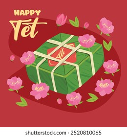 Chung cake vector set. Chung cake with peach blossom. Vietnamese cuisine. Vietnamese traditional new year. Square sticky rice stuffed in green leaves. Banh chung. Happy Tet holiday. Tet food.