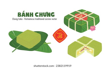 Chung cake vector set.  Whole, half and quarter of chung cake. Vietnamese cuisine. Vietnamese traditional new year. Square sticky rice stuffed in green leaves. Banh chung. Happy Tet holiday. Tet food.