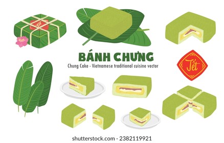 Chung cake vector set.  Whole, half and quarter of chung cake. Vietnamese cuisine. Vietnamese traditional new year. Square sticky rice stuffed in green leaves. Banh chung. Happy Tet holiday. Tet food.