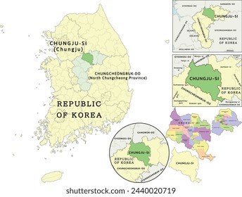 Chungju-si (Chungju) location on Chungcheongbuk-do (North Chungcheong Province) and Republic of Korea (South Korea) map. Clored. Vectored