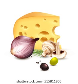 Chunk of cheese with red onion champignons rosemary and olives realistic mediterranean culinary background poster vector illustration 