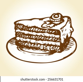Chunk of dark cocoa tasty flavor torte with curd butter whipped topping crust and floral decor on white saucer. Freehand ink drawn background sketch in doodle style pen on paper with space for text