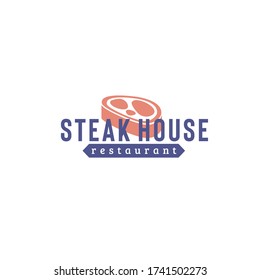 Chunk of red meat with text and ribbon isolated on white background perfect for restaurant identity and logo or promotional purpose