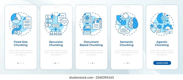 Chunking strategies in RAG blue onboarding mobile app screen. Walkthrough 5 steps editable graphic instructions with linear concepts. UI, UX, GUI template