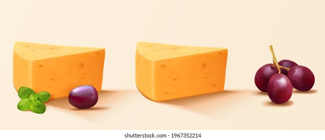 Chunks of cheddar cheese, grapes, and mint. 3d organic food element on a light yellow background.