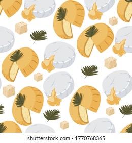 Trozos de queso servidos con hierbas, sin costura. Productos lácteos, dietas y nutrición. Producción orgánica de restaurante o tienda, surtido de fondo. Vector natural de alimentos en forma plana
